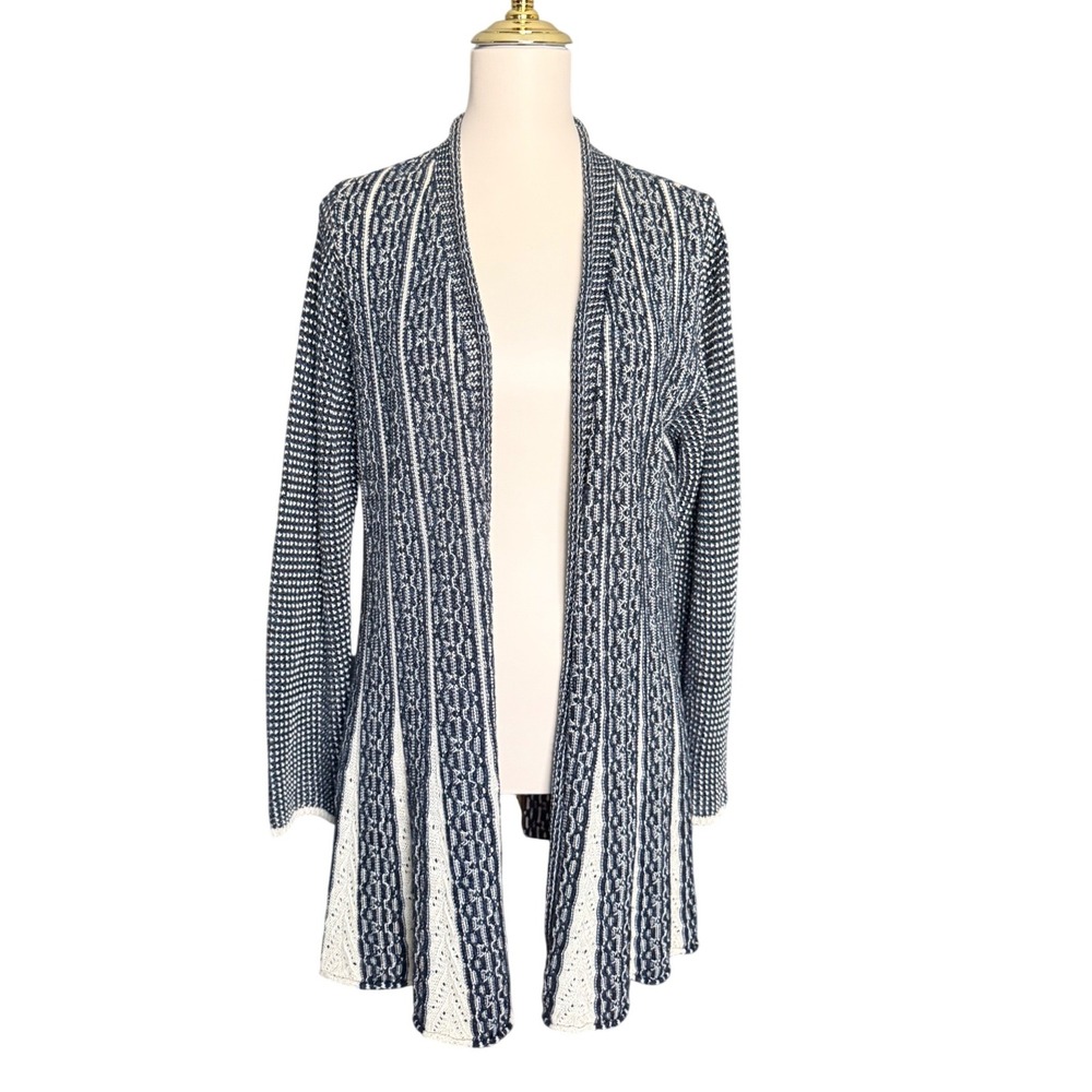 ZOZO Womens Navy Blue‎ White Geometric Knit Open Front Cardigan Size L